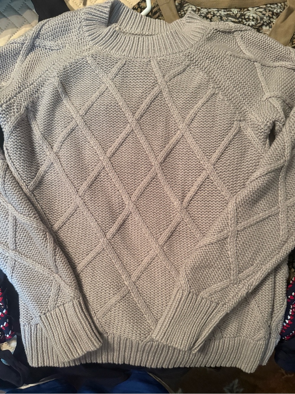 LOFT Light Taupe Diamond Cable Crewneck Sweater